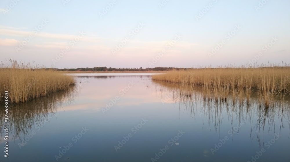Calm Sunset Reflection Over Marshland with Grass and Water Calm Sunset Reflection Over Marshland with Grass and Water