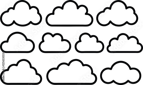Nine Simple Cloud Icons Outline, White, Weather Symbols