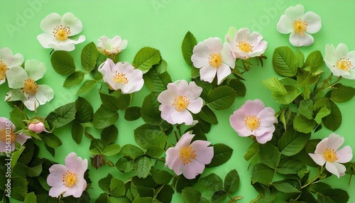 Delicate pink flowers and green leaves arranged on a vibrant background in soft light