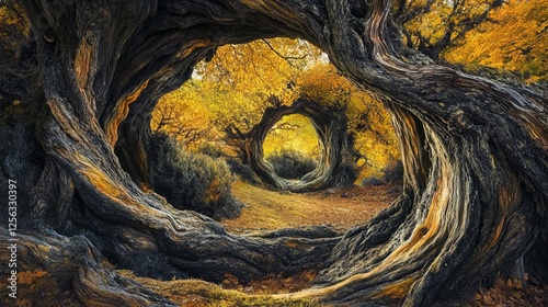 Captivating photo of vibrant autumn colors swirling through ancient yew trees in Tosande. It reflects the beauty of one of Europe's most valued yew forests in Palencia mountains.