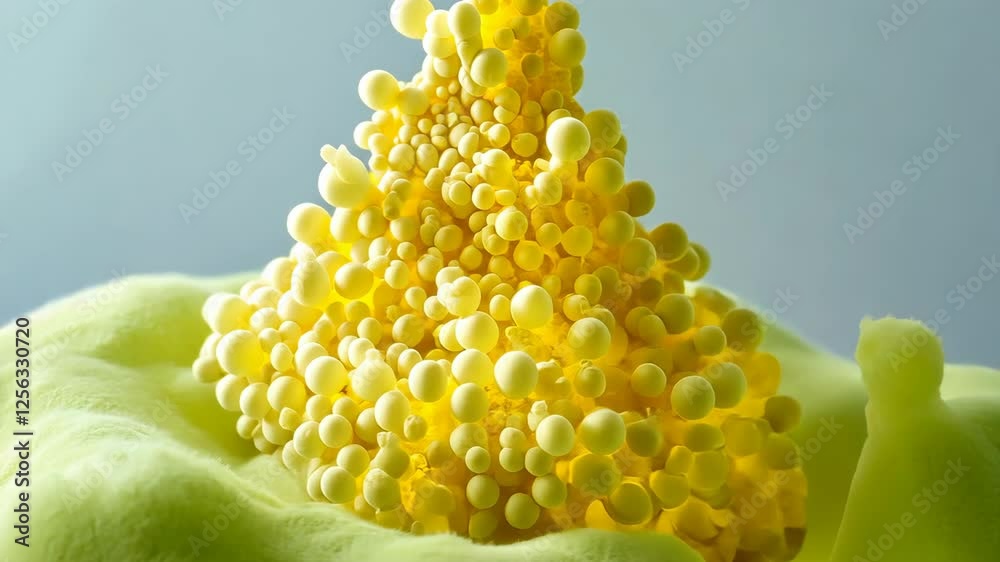 Detailed view of vibrant yellow microorganism structures in a microscopic environment Detailed view of vibrant yellow microorganism structures in a microscopic environment