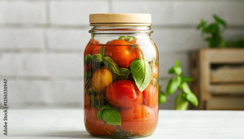 Glass jar with canned tomatoes and fresh basil leaves. Glass jar with a touch of culinary freshness. Glass jar with canned tomatoes and fresh basil leaves. Glass jar with a touch of culinary freshness.