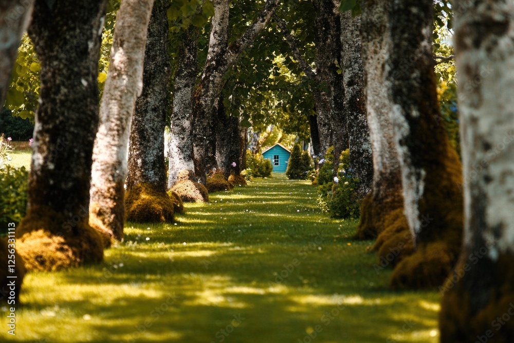 Scenic pathway of moss-covered trees leading to small blue house
