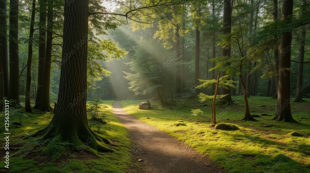 Obraz premium Sunlight Streaming Through Lush Green Forest With Tranquil Pathway
