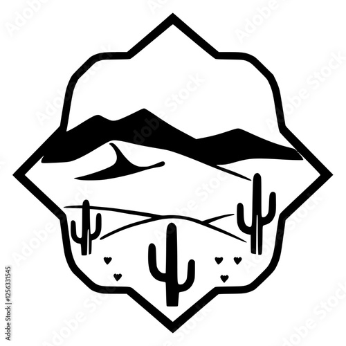 Desert Landscape Within A Decorative Frame - Black & White: A minimalist graphic design of a desert landscape enclosed within a unique frame, with cactus, hills, and a monochrome style.