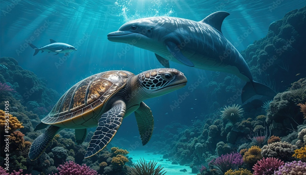 Fototapeta premium Endangered Species, Marine Life, and Wildlife Rescue - Dolphin, Whale, and Turtle in the Ocean with Coral Reef, Animal Shelter, and Exotic Animals in Nature for Conservation Efforts