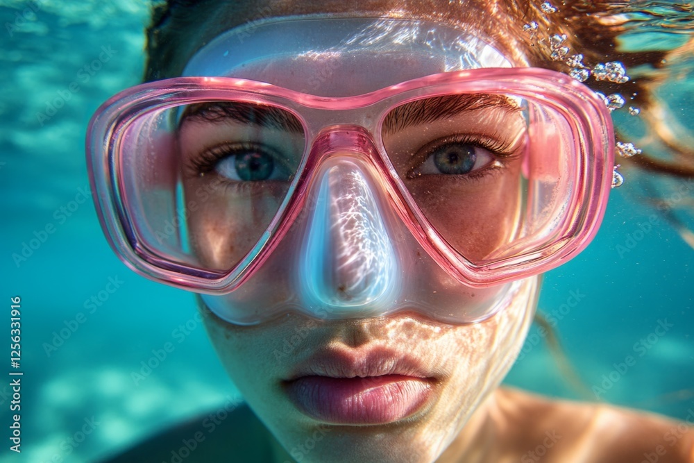 Naklejka premium Close-up portrait of a young woman with pink diving mask exploring turquoise sea underwater