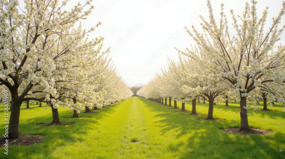Blossom Trees in Springtime with Green Grass in Sunny Landscape Blossom Trees in Springtime with Green Grass in Sunny Landscape