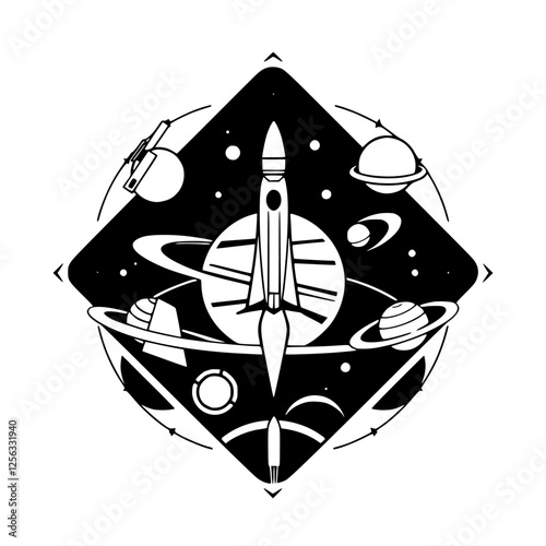 Spaceflight: rocket ship with a black and white diamond-shaped frame, planets, and a stylized depiction of space