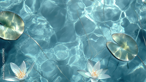Serene Water Lilies Floating on a Tranquil Blue Lake Under Bright Sunlight During Midday