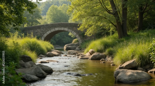Serene Landscape with Stone Bridge and Flowing River in Nature