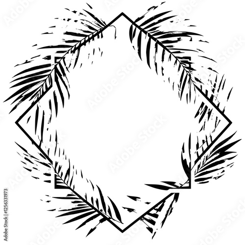 Black and white palm leaf graphic arranged around a diamond shape.