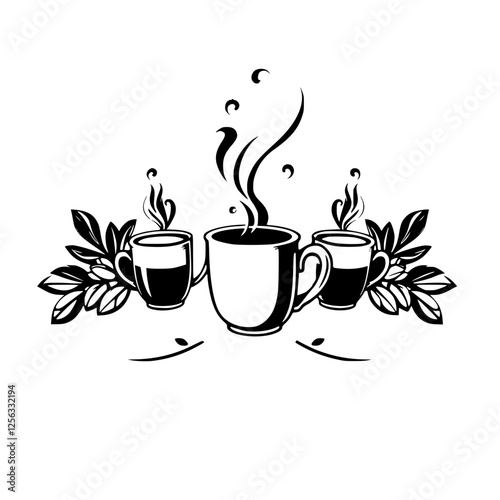 Monochromatic Composition featuring 3 steaming coffee mugs, with leaf and floral elements, on a white background.