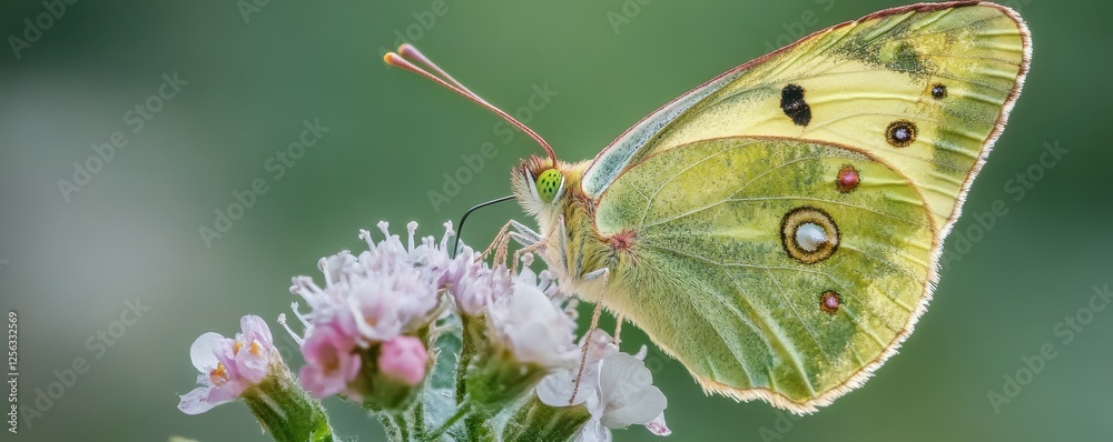 Close-up of yellow butterfly on pink flowers with intricate wing patterns