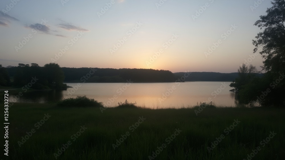 Calm Lake at Sunset Surrounded by Lush Greenery and Trees Calm Lake at Sunset Surrounded by Lush Greenery and Trees