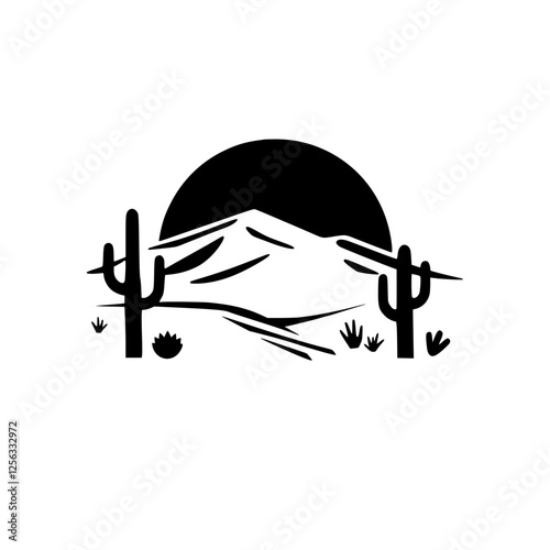 Black and White illustration of a desert landscape with a setting sun over mountains and cacti.