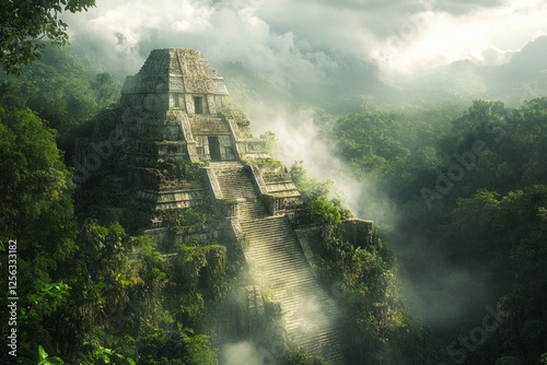 Stone steps of pyramid ascending through misty rainforest, evoking mystery and ancient civilization