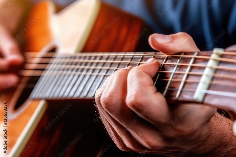Fototapeta premium Close-up of hands playing acoustic guitar with skillful precision