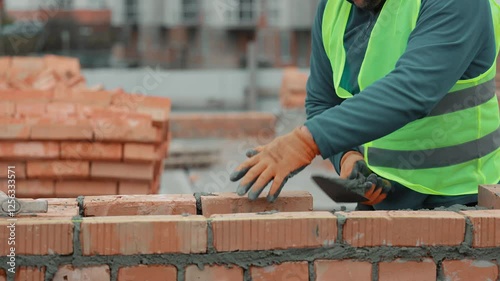 Construction worker laying bricks on a wall, Close-up of a construction worker building a brick wall with a trowel on a construction site.