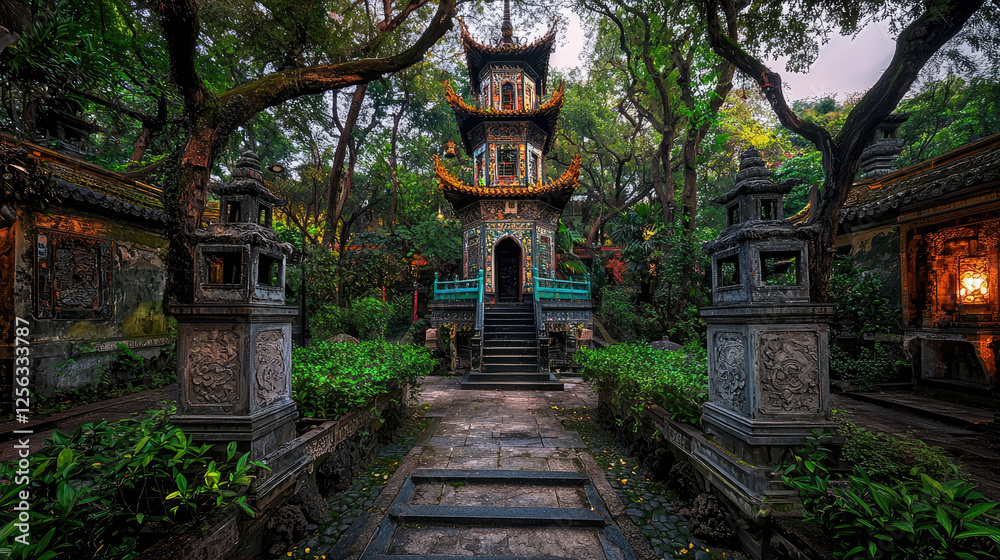 Tranquil Asian Garden with Pagoda Surrounded by Lush Vegetation and Stone Lanterns at Dusk Tranquil Asian Garden with Pagoda Surrounded by Lush Vegetation and Stone Lanterns at Dusk