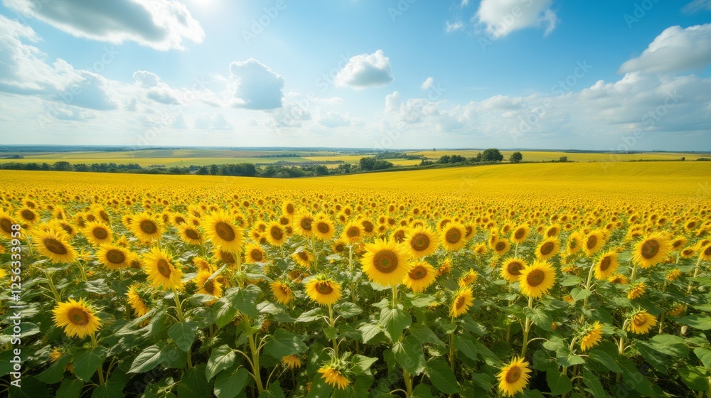 Vibrant Sunflower Field Under Bright Blue Sky with Fluffy Clouds Vibrant Sunflower Field Under Bright Blue Sky with Fluffy Clouds