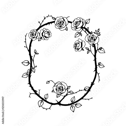 Black and White Rose Wreath. Roses in the Shape of a Circular Frame Surrounded by Thorns and Leaves.