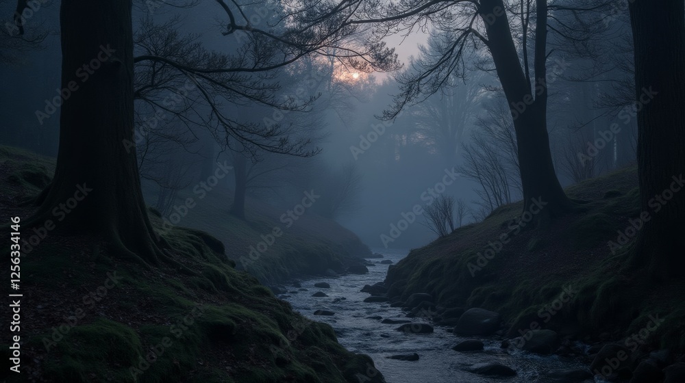 Serene Misty Forest Scene with Stream at Dawn in Soft Light Serene Misty Forest Scene with Stream at Dawn in Soft Light