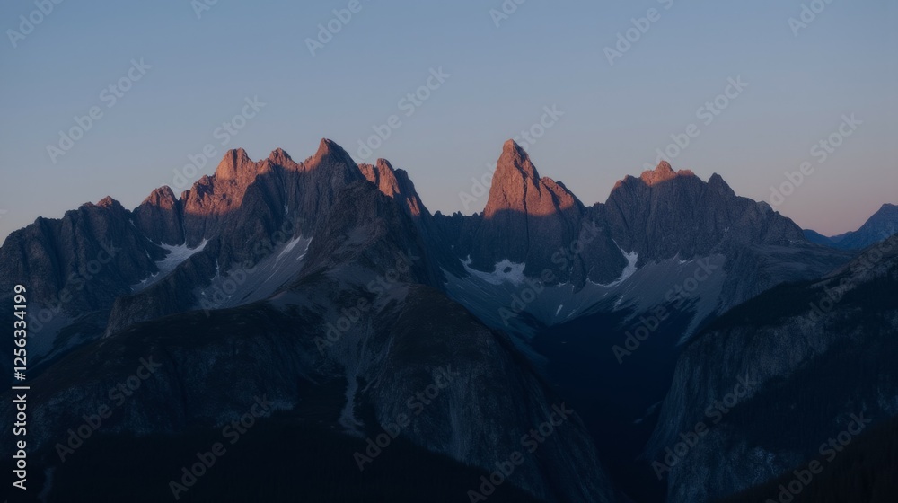 Fototapeta premium Majestic Mountain Peaks Bathed in Warm Sunset Light at Dusk