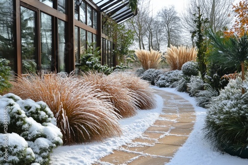 Stone paved path going through a snowy garden with ornamental grasses and a greenhouse in winter