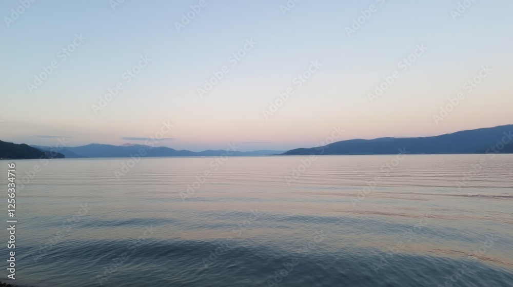 Serene Landscape at Dusk with Calm Water and Mountain Silhouettes Serene Landscape at Dusk with Calm Water and Mountain Silhouettes