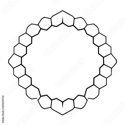 A minimalist geometric design of a ring-like structure composed of interconnected hexagonal and pentagonal elements.