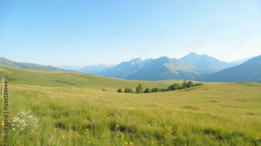 Scenic Mountain Landscape with Green Meadows and Clear Sky Scenic Mountain Landscape with Green Meadows and Clear Sky