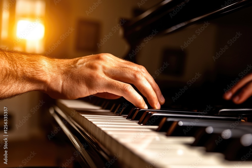 Fototapeta premium Close-up of male hand playing piano keys with sunset lighting