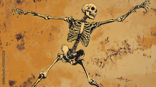 A dancing skeleton against a textured brown background captures the playful spirit of halloween celebrations and festivities. Dancing Spirits. Illustration