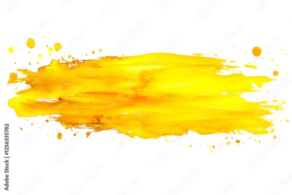 Fototapeta premium Bright yellow watercolor brush stroke painting with splatters creates a vibrant and energetic visual