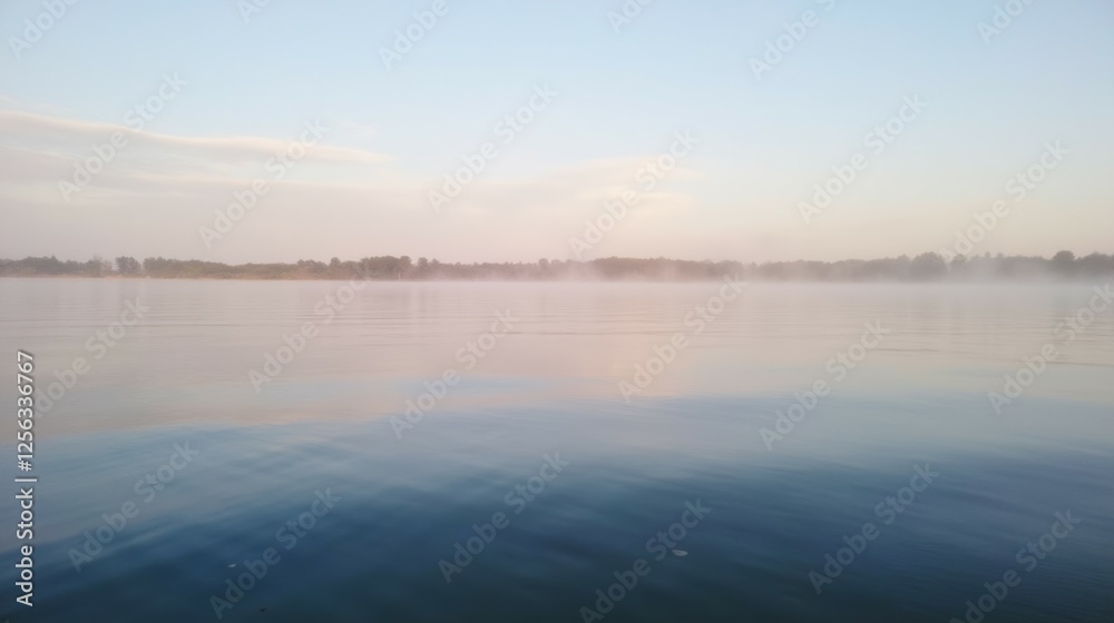 Serene Morning Fog Over Calm Waters at Dawn Near the Shoreline Serene Morning Fog Over Calm Waters at Dawn Near the Shoreline