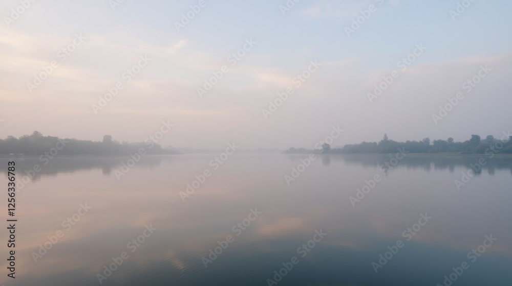 Fototapeta premium Tranquil Morning Landscape with Mist Over Calm River Surface