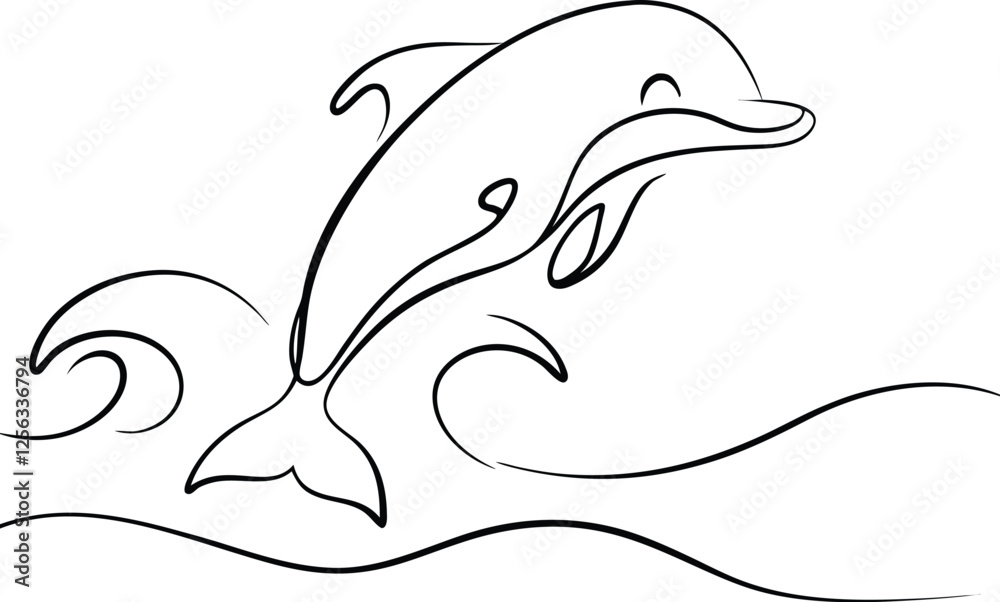 Elegant Dolphin Leaping, Ocean Waves, Line Art Drawing, Aquatic Life Elegant Dolphin Leaping, Ocean Waves, Line Art Drawing, Aquatic Life