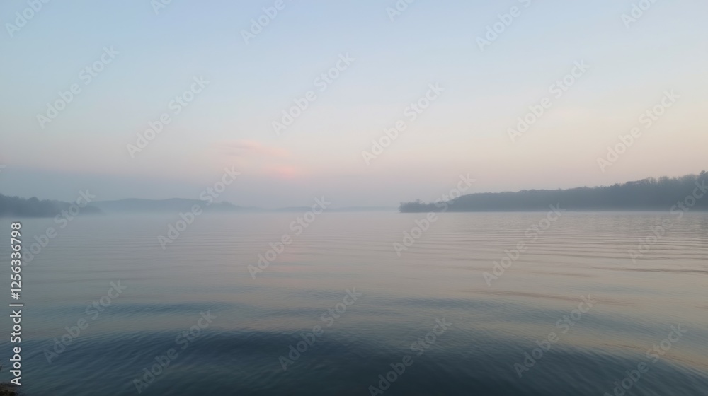 Serene Morning at Calm Water with Mist Over Tranquil Landscape Serene Morning at Calm Water with Mist Over Tranquil Landscape