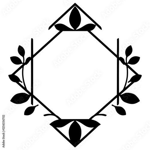Abstract black and white design featuring a geometric shape with floral accents, conveying elegance and sophistication.