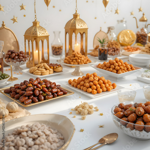Delicious ramadan festive food table with dates and sweets rich bowl warm on transparent background photo