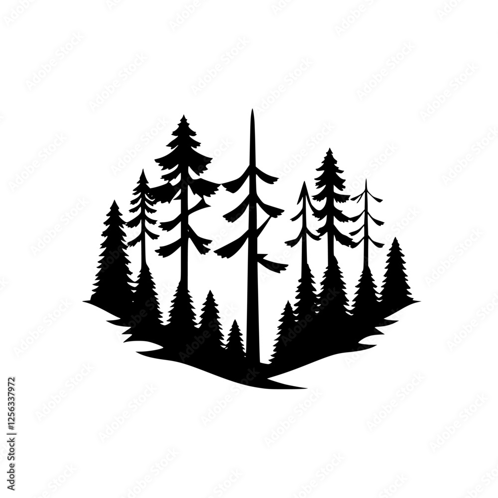 Obraz premium Silhouette of Black Forest on White Background with Abstract Trees