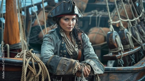 The pirate spirit: pirate in 17th-century costume faces the rough seas, standing bravely on ship deck, with fearlessness, thirst for freedom in his eyes, surrounded by scent of salt and gunpowder.