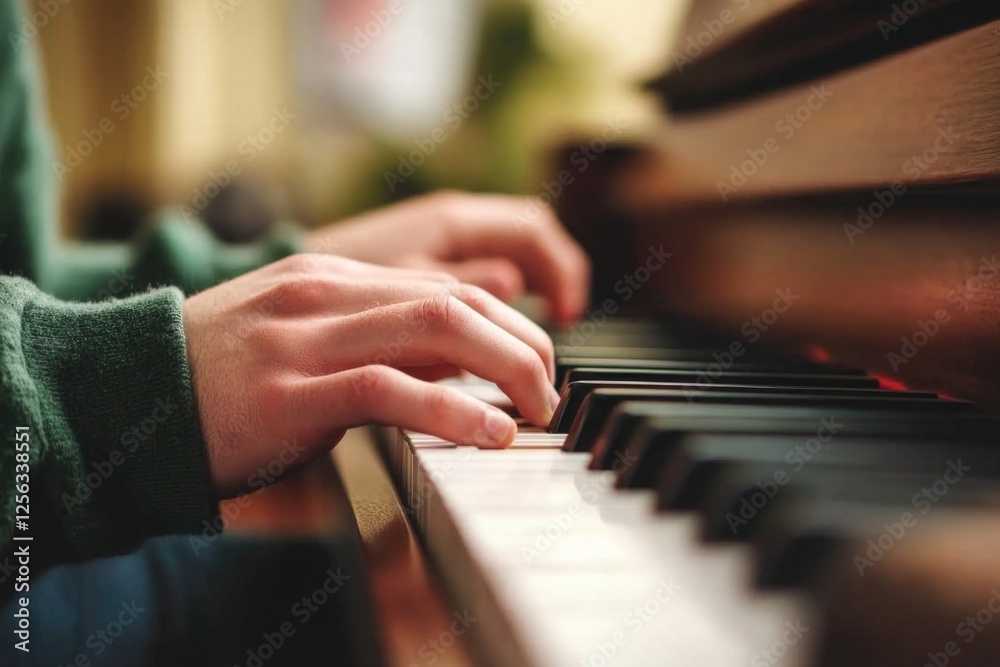 Obraz premium Close-up of adult hands playing piano keys with soft lighting and green sweater