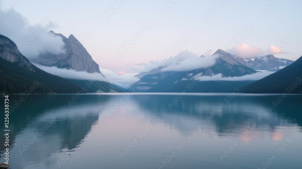Serene Mountain Lake with Clouds and Reflections at Dawn Serene Mountain Lake with Clouds and Reflections at Dawn