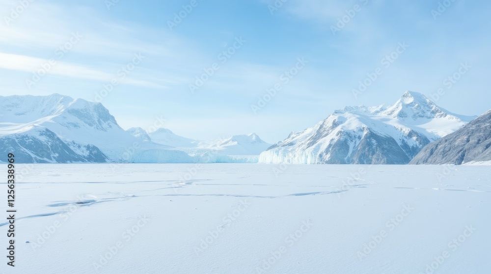 Vast Snowy Landscape with Mountains and Glacier Under Clear Sky Vast Snowy Landscape with Mountains and Glacier Under Clear Sky