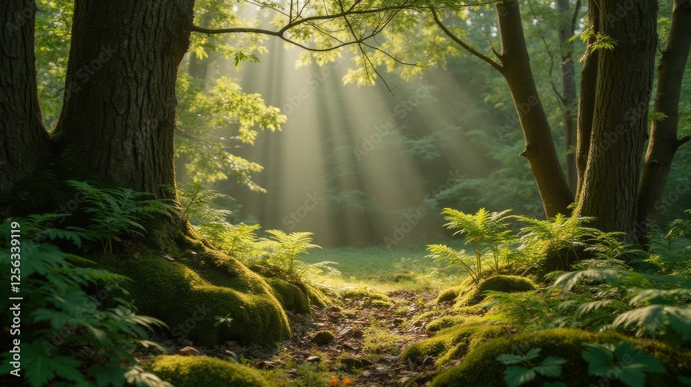 Obraz premium Serene Forest Scene with Sunlight Filtering Through Trees and Ferns