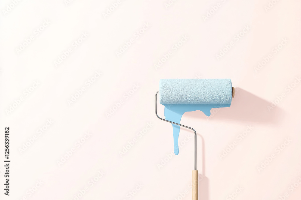 Obraz premium Bright blue paint roller drips on a pastel wall during a home renovation project