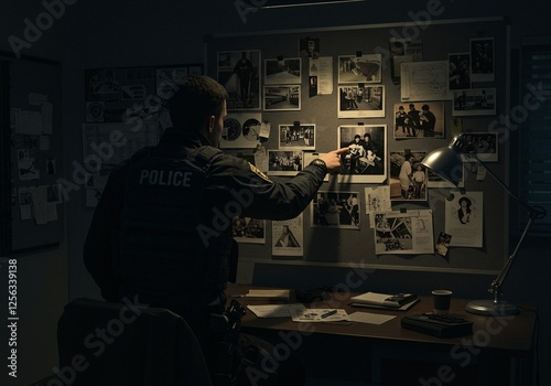 Detective examining evidence wall in dark room. Police officer investigating crime scene photos. Forensic analysis and criminal profiling in action