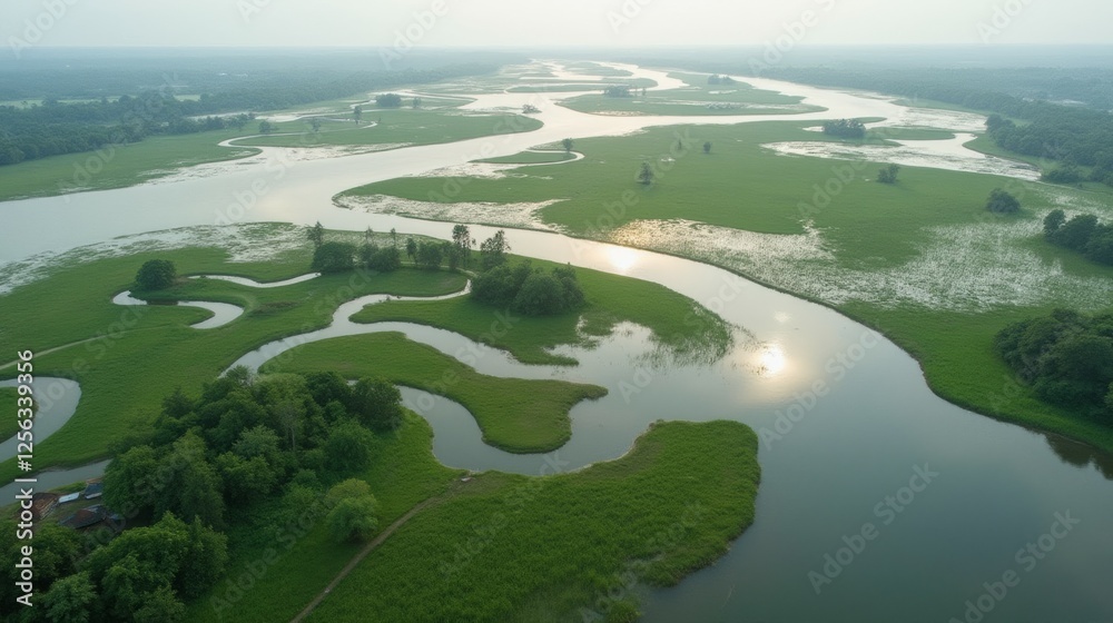 Serene Aerial View of Winding Rivers and Lush Green Landscape Serene Aerial View of Winding Rivers and Lush Green Landscape
